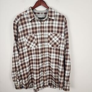 J. Peterman 100% Brown Plaid Long Sleeve Button Front‎ Shirt Men's Size Large